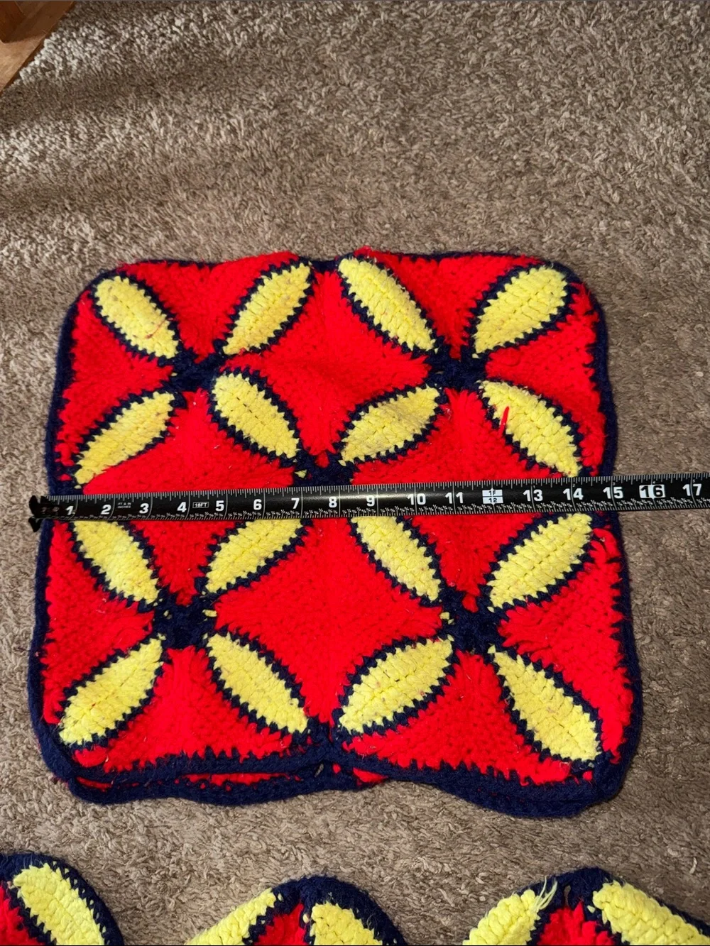 Vintage Handmade Crochet Afghan Blanket Red Yellow Navy + Matching Pillow case